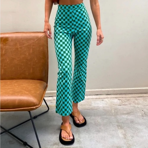 BEGINNING BOUTIQUE LORELAI. CHECK ANKLE PANT GREEN TURQUOISE  NWT S - Picture 4 of 11